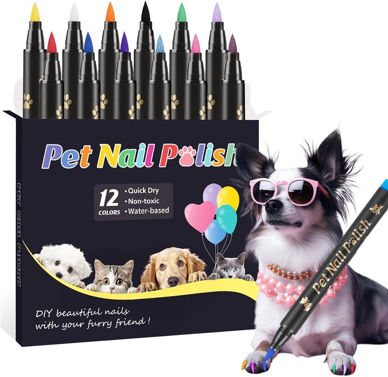 Cherocito Dog Nail Polish Pens Quick Dry,12 Colors Safe Dog Nail Polish Set to DIY Pretty Nails, Ideal Gifts for Dogs Cats Light Dark Nails, Odorless, Non-Toxic, Water-Based Pet Nail Accessories Set - Image 1